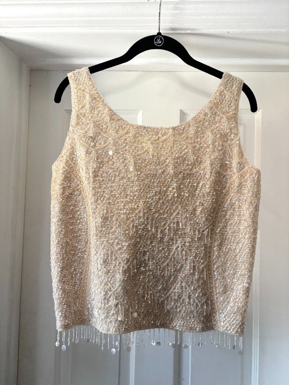 Vintage 1950s / 60s Hand Beaded Sequin Wool Tank Top Fringe Shell Ivory Cream M